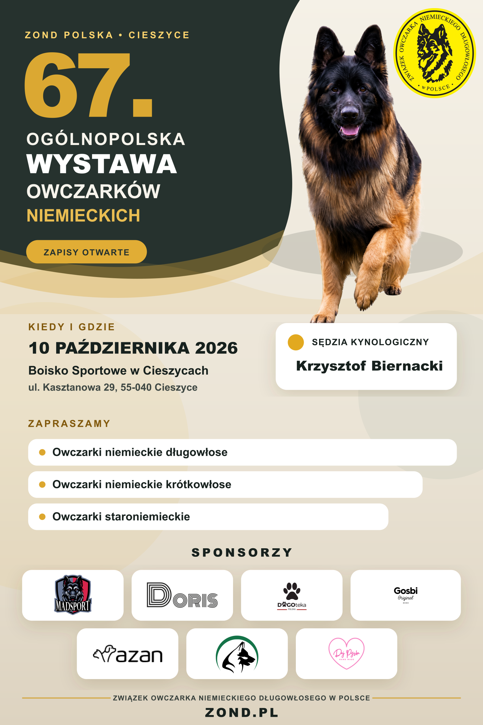 Plakat 67. Ogólnopolskiej Wystawy Owczarków Niemieckich – 10 października 2026, Cieszyce. Zapisy otwarte.